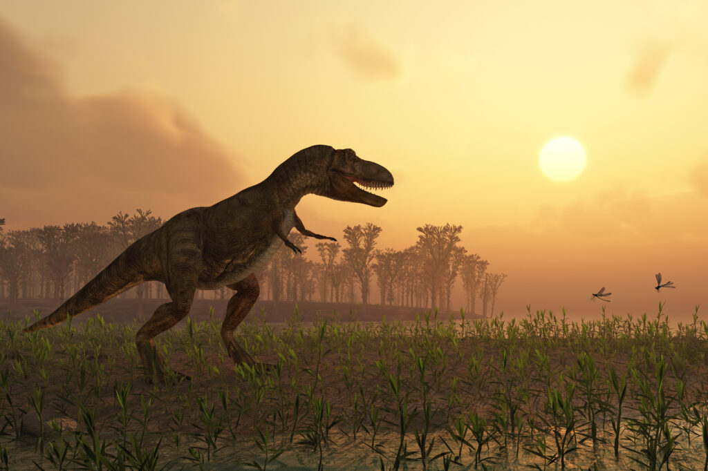 dinosaur in front of sunset